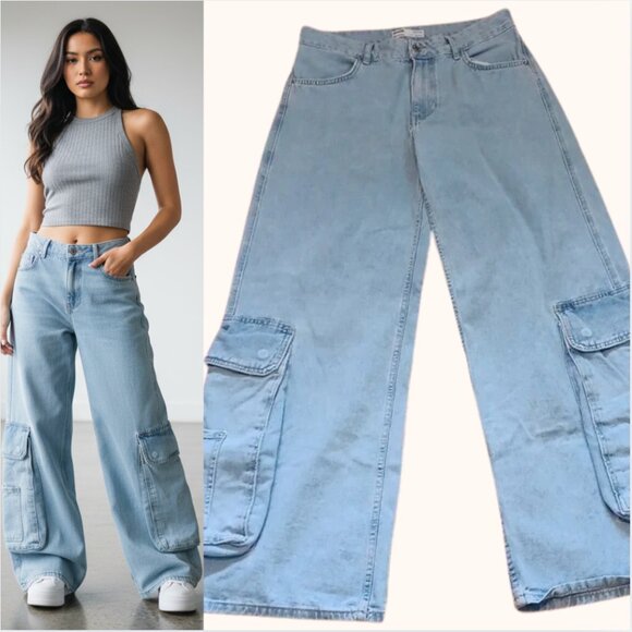 Bershka Super Unique Wide Leg Big Pocket Cargo Jeans 4 - Picture 1 of 13